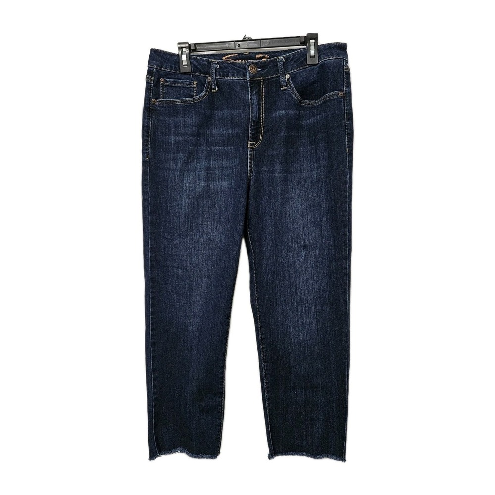Seven7 Jeans Women 12 Blue Tower Straight Crop Raw Hem High Rise Dark Wash Denim